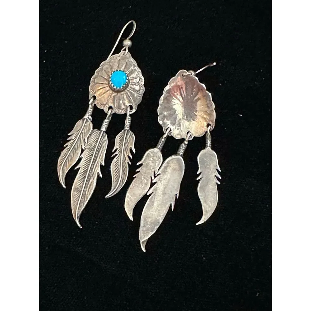 Sterling silver Native American American turquoise dangle earrings - Picture 2 of 2